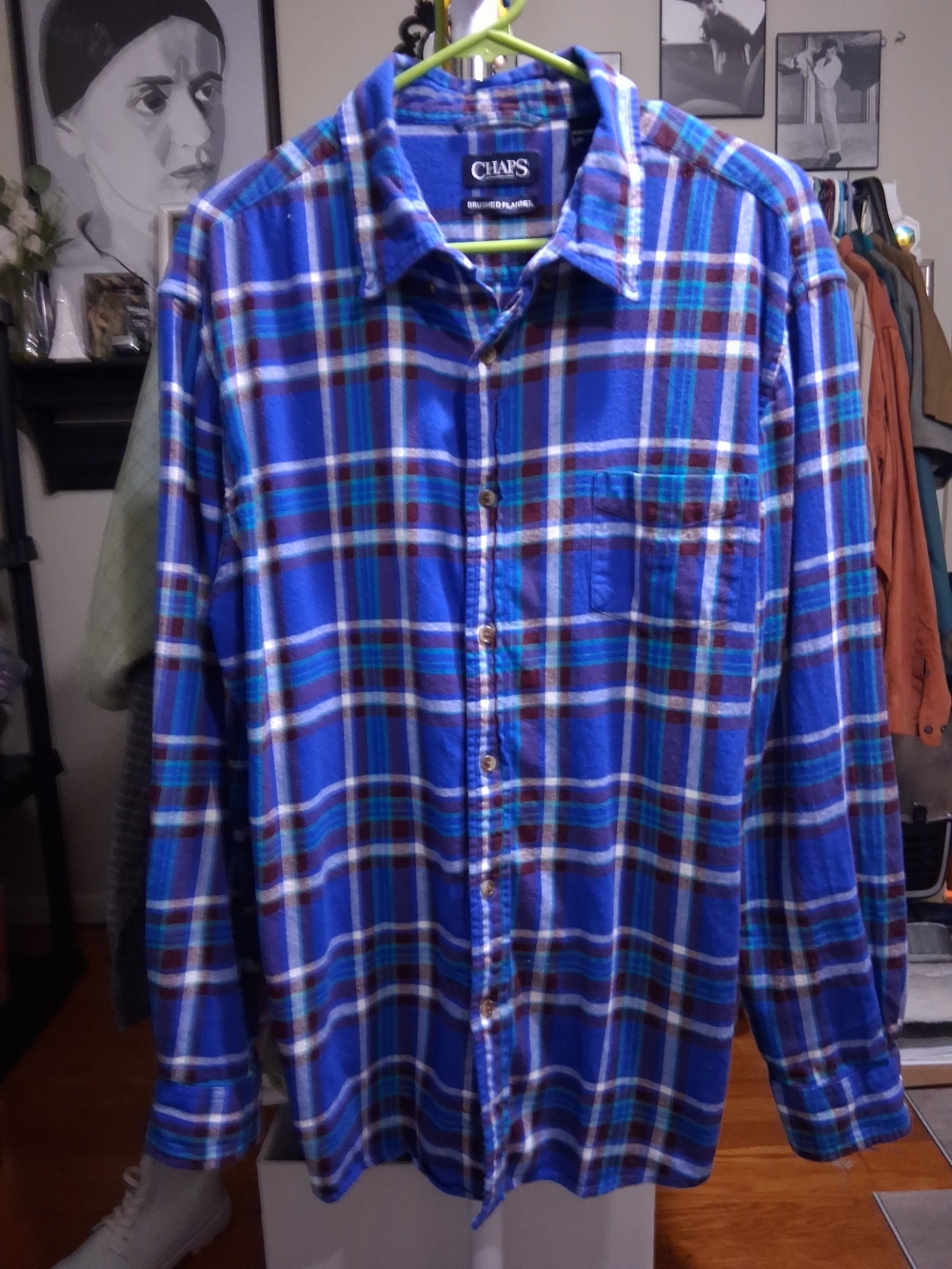 Chaps Men's Brushed Flannel Blue Plaid Shirt Sz XXL Classic Fall Cabincore